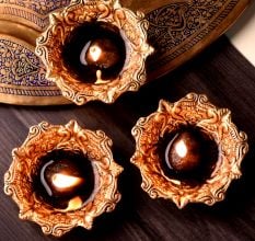 Hindu Brass Oil Lamp Diya Engraved Floral Swastika Diwali Diya Decoration Pack of 3